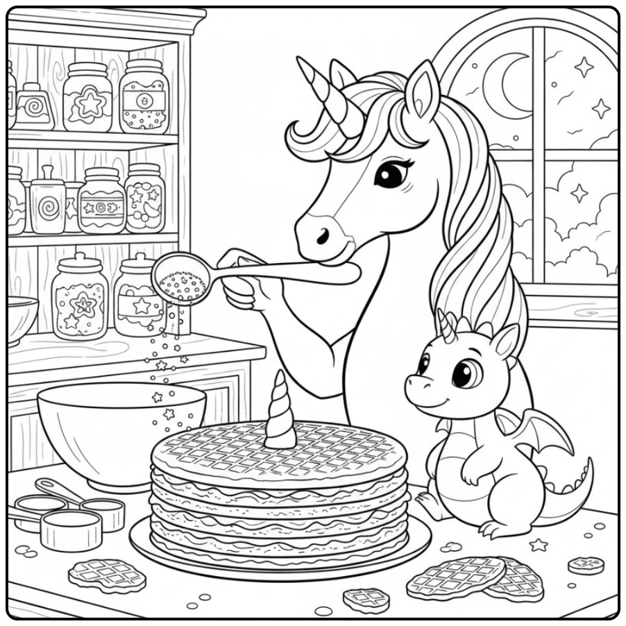 Schattige eenhoorn en draakje maken een kleurplaat unicorn taart.