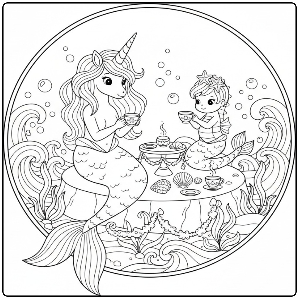 Een leuke kleurplaat unicorn zeemeermin bij een theekransje.