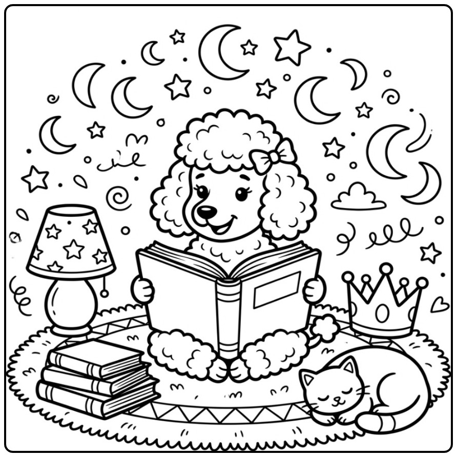 Leuke kleurplaat poedel met een boek en een slapende kat.