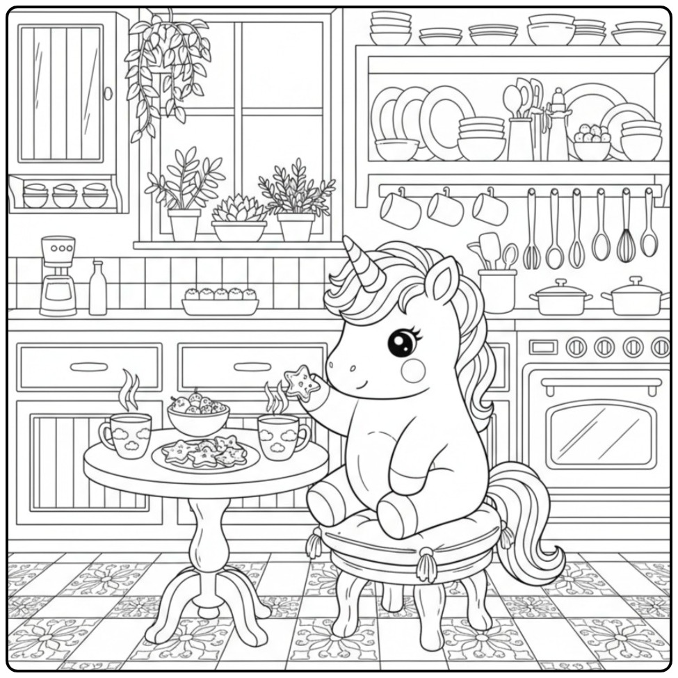 Een schattige baby unicorn kleurplaat in een gezellige keuken.