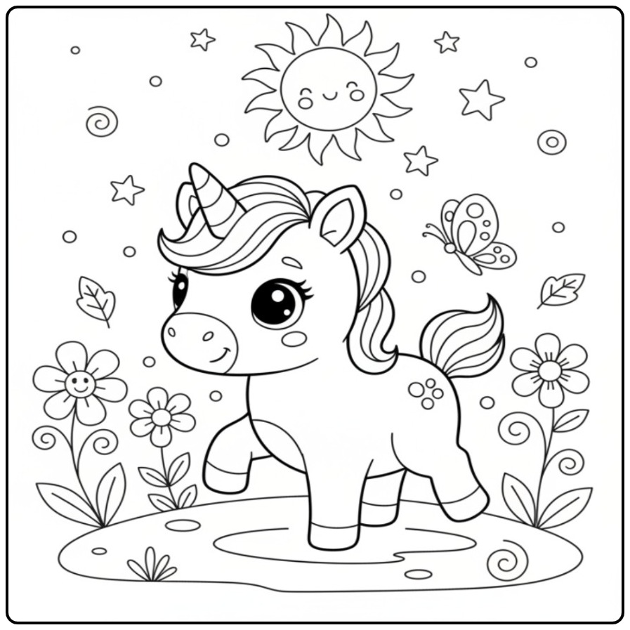 Leuke baby unicorn kleurplaat in de wei met zon en vlinder.