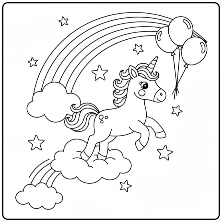 Leuke baby unicorn kleurplaat die op wolken springt.