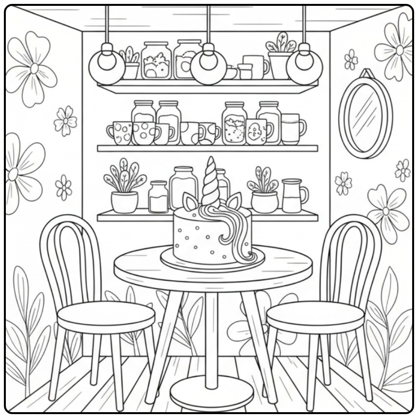 Een gezellige kamer met een magische kleurplaat unicorn taart.