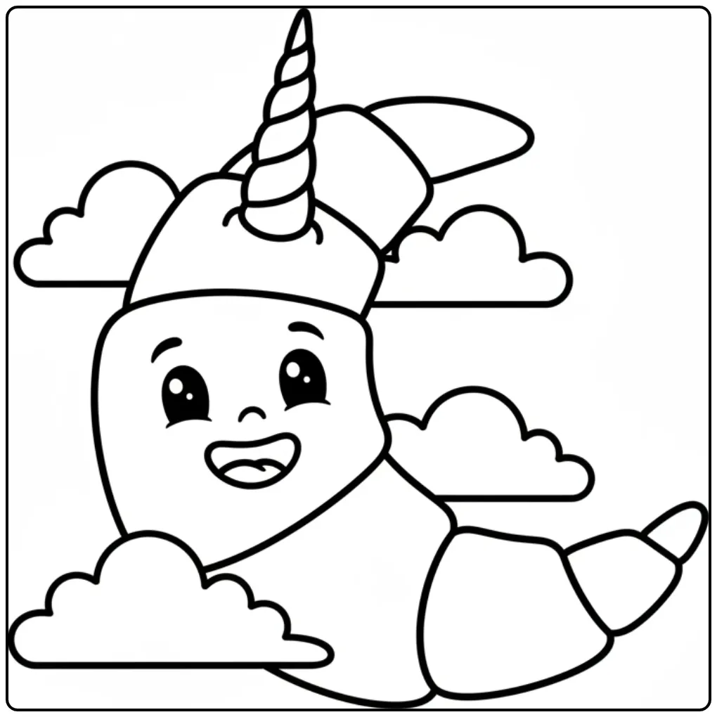 Een vrolijke kleurplaat unicorn taart in de vorm van een croissant.