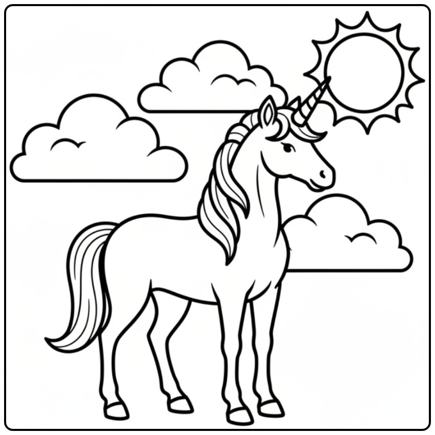 Eenhoorn onder de zon en wolken, unicorn kleurplaat makkelijk.