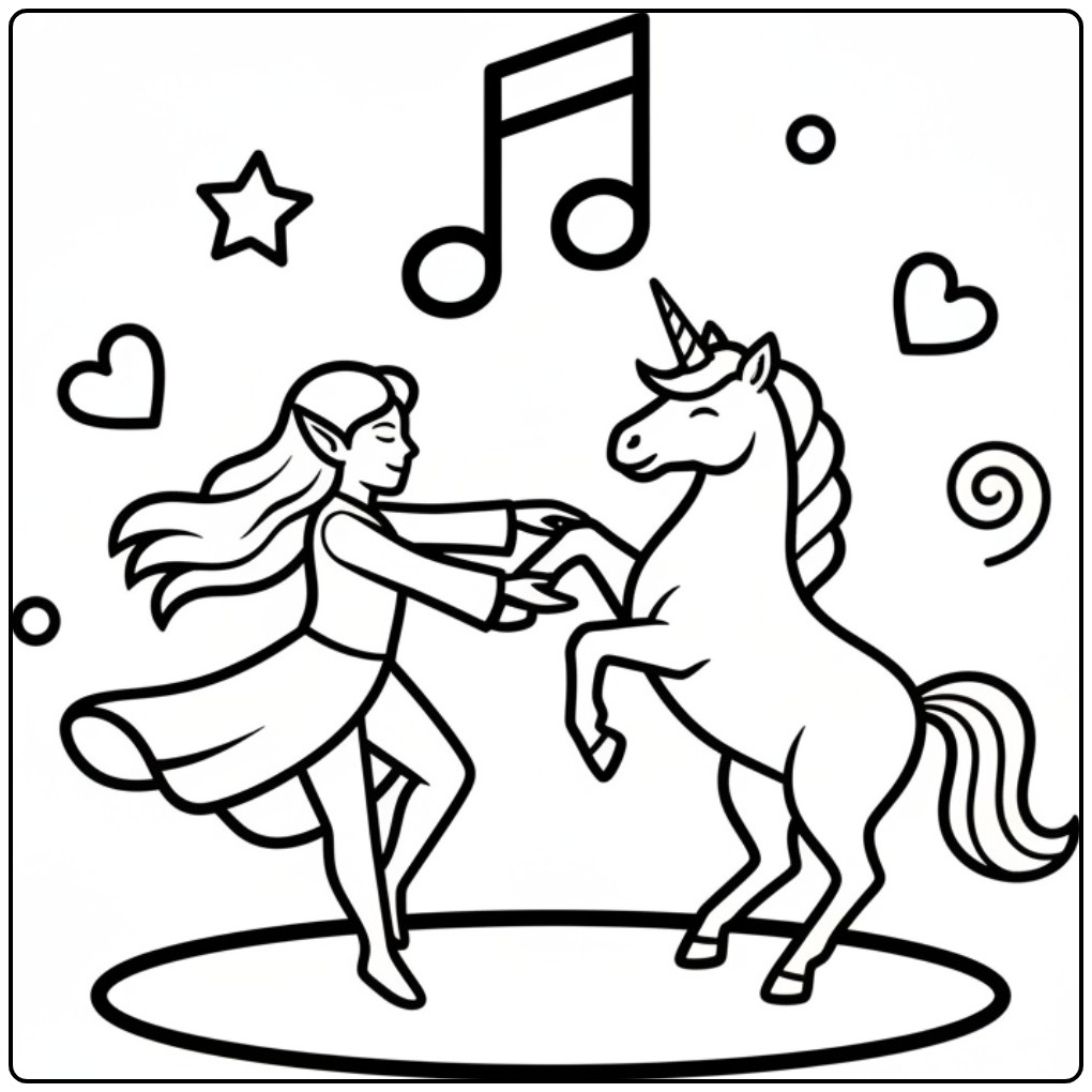 Een vrolijke kleurplaat elfje en eenhoorn die samen dansen.