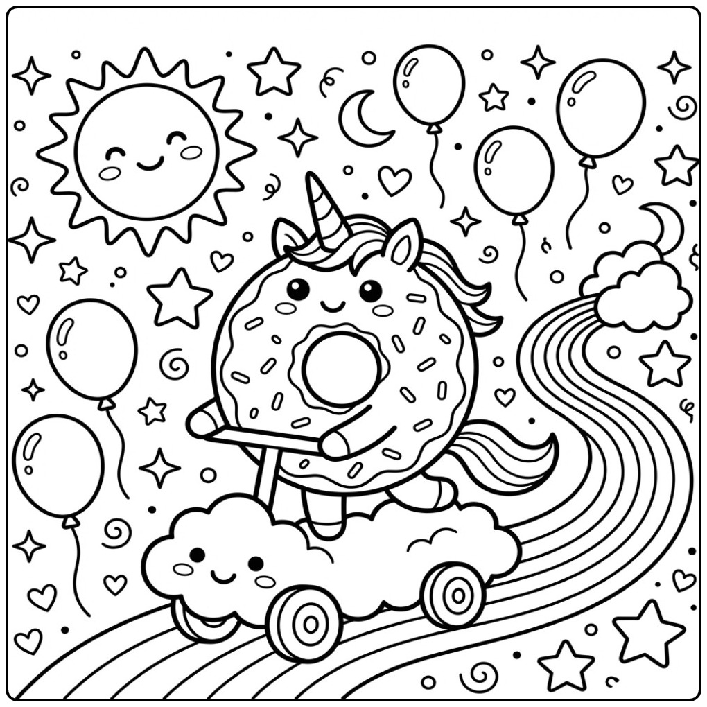 Vrolijke Donut eenhoorn kleurplaat met regenboog en een zon.