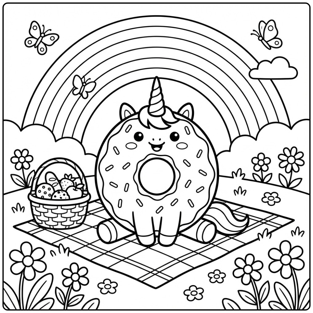 Een schattige Donut eenhoorn kleurplaat met regenboog en picknick.
