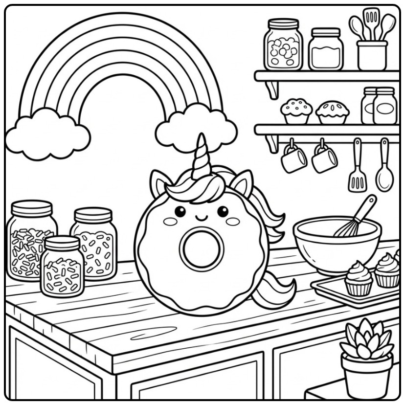 Een schattige Donut eenhoorn kleurplaat met regenboog en spikkels.