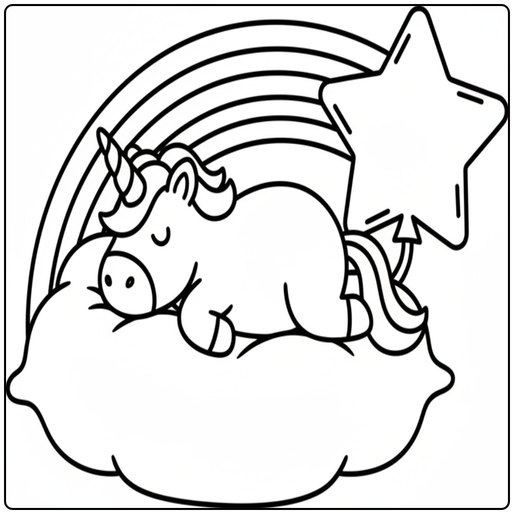 Slapende eenhoorn op een wolk, kleurplaat unicorn regenboog.