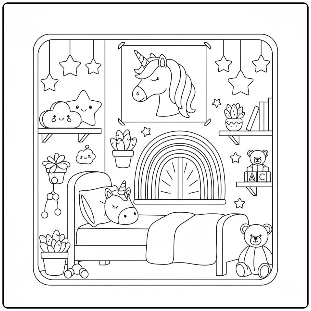 Leuke slaapkamer met Unicorn hoofd en regenboog kleurplaat.