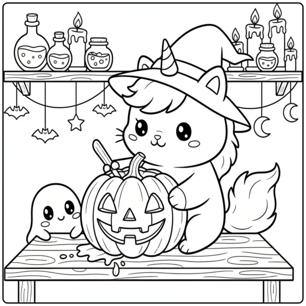 Schattige Eenhoorn kat Halloween Kleurplaat met een pompoen.