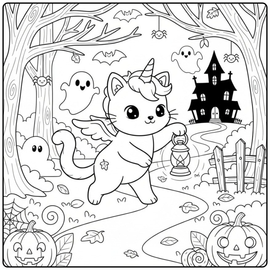 Een schattige Eenhoorn kat Halloween Kleurplaat in een spookbos.