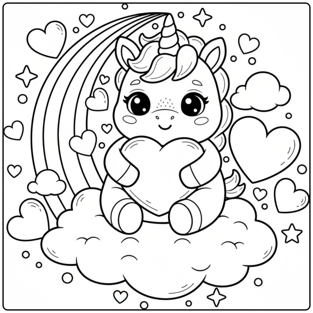 Een schattige baby eenhoorn op een wolk, kleurplaat eenhoornkleurplaat unicorn regenboog hartjes regenboog kasteel.
