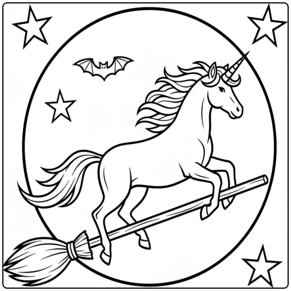 Een vliegende eenhoorn op een bezemsteel unicorn halloween kleurplaat.