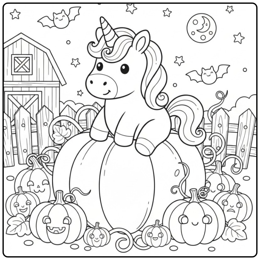 Een Schattige unicorn halloween kleurplaat zittend op een pompoen.