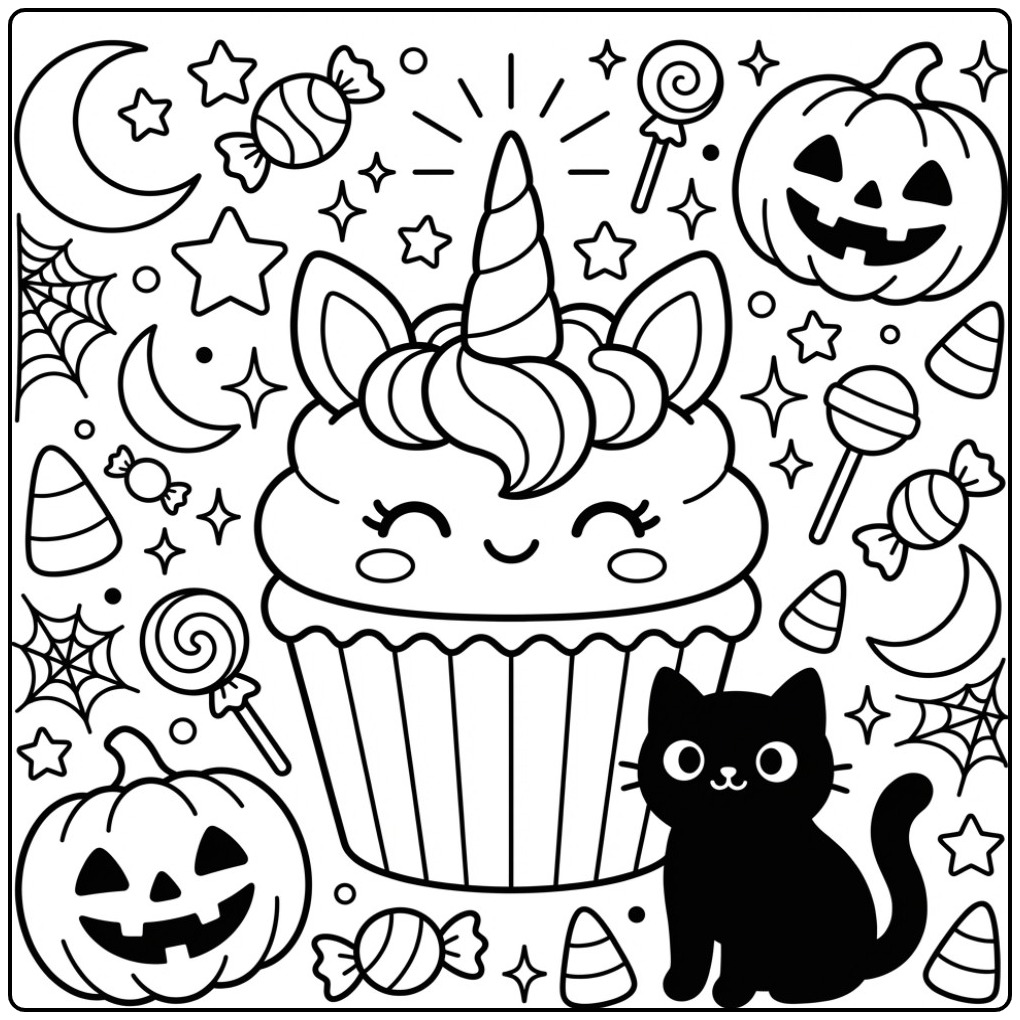 Schattige Halloween eenhoorn cupcake kleurplaat met zwarte kat.