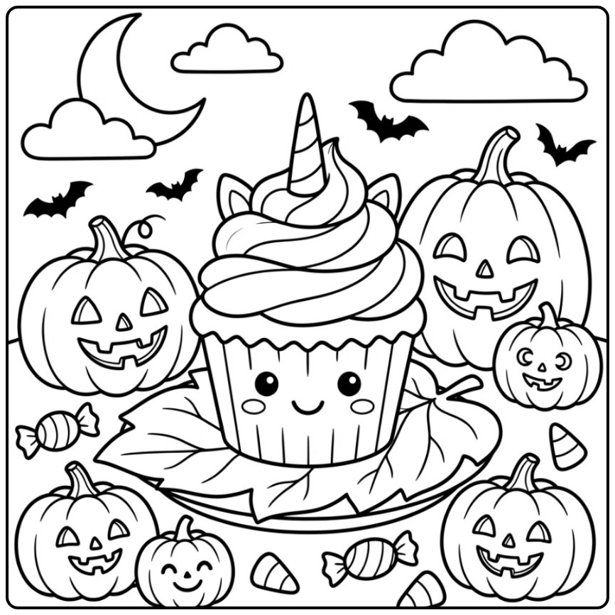 Leuke Halloween eenhoorn cupcake kleurplaat met pompoenen.
