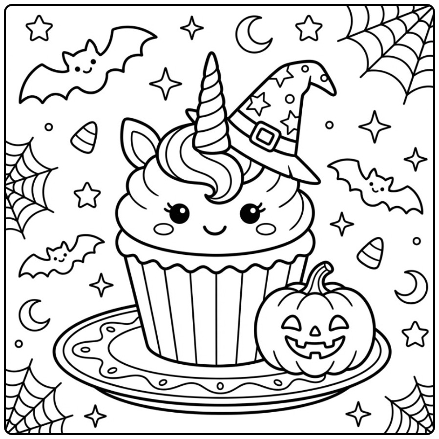 Een schattige Halloween eenhoorn cupcake kleurplaat met een pompoen.