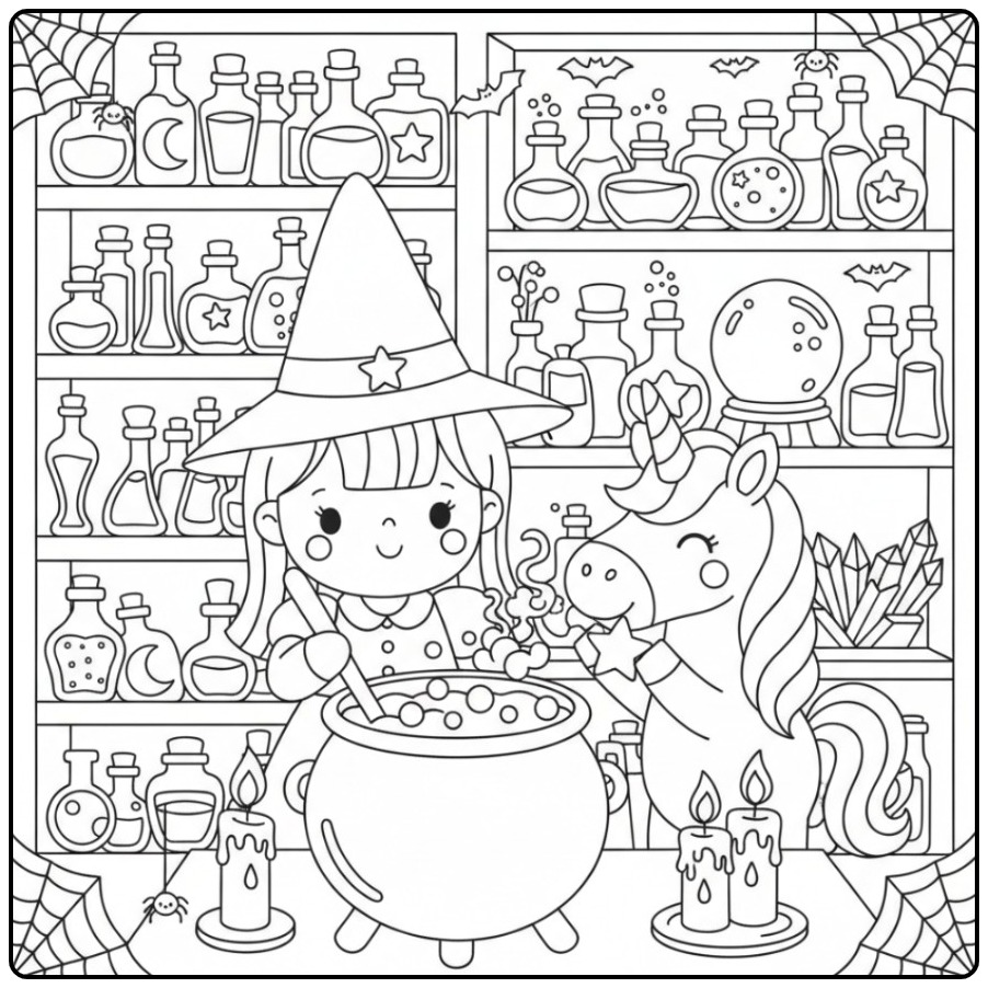 Een schattige Halloween prinses eenhoorn kleurplaat met ketel.