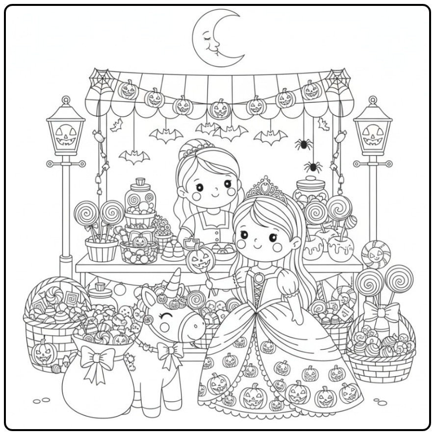 Schattige Halloween prinses eenhoorn kleurplaat met snoepkraam.
