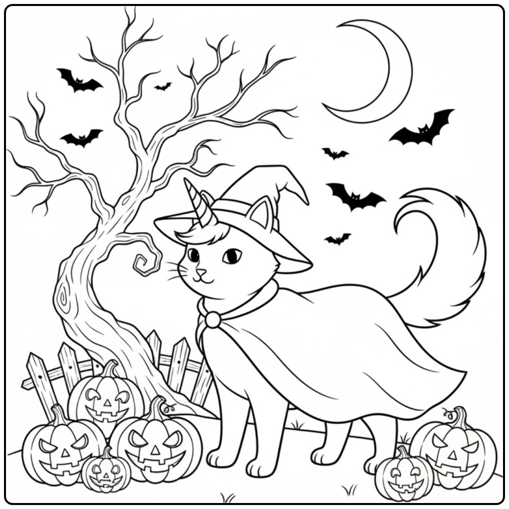 Een enge unicorn kat kleurplaat met pompoenen en vleermuizen.