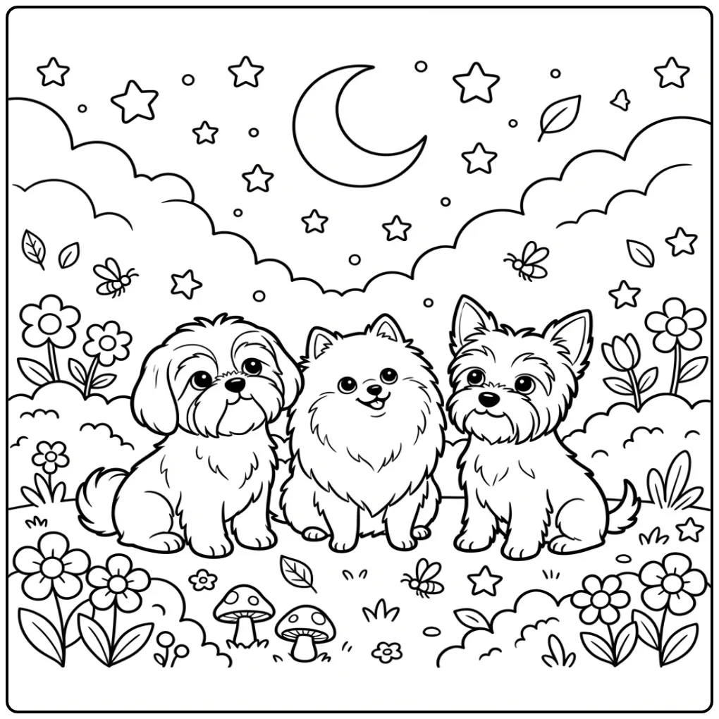 Schattige honden kleurplaat met drie pups in een nachttuin.