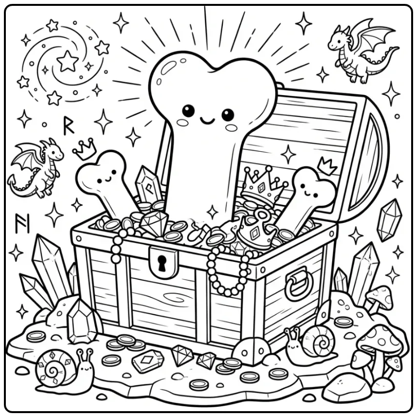 Een leuke hondenbot kleurplaat met goud en munten.