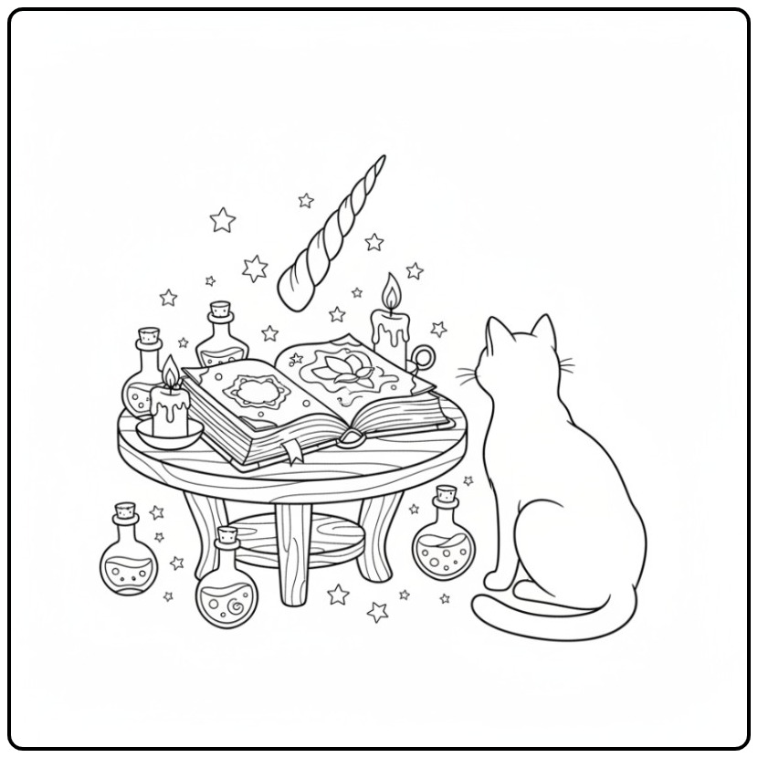 Een kat kijkt naar een zwevende unicorn hoorn kleurplaat.