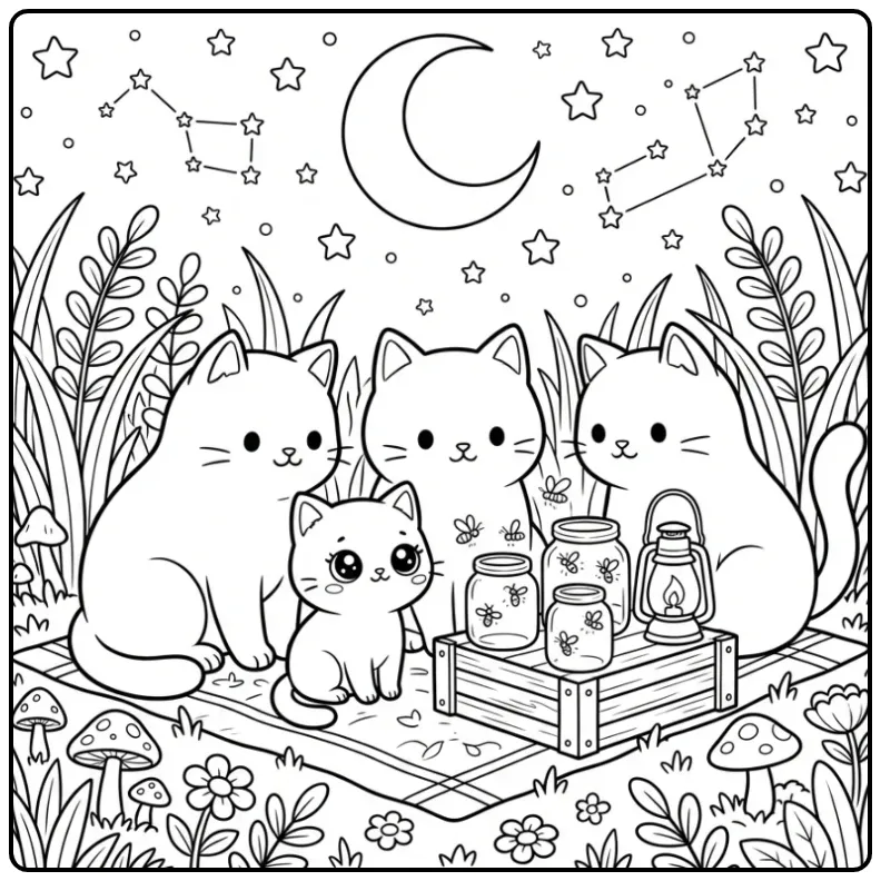 Schattige katten kleurplaat met lantaarn en vuurvliegjes