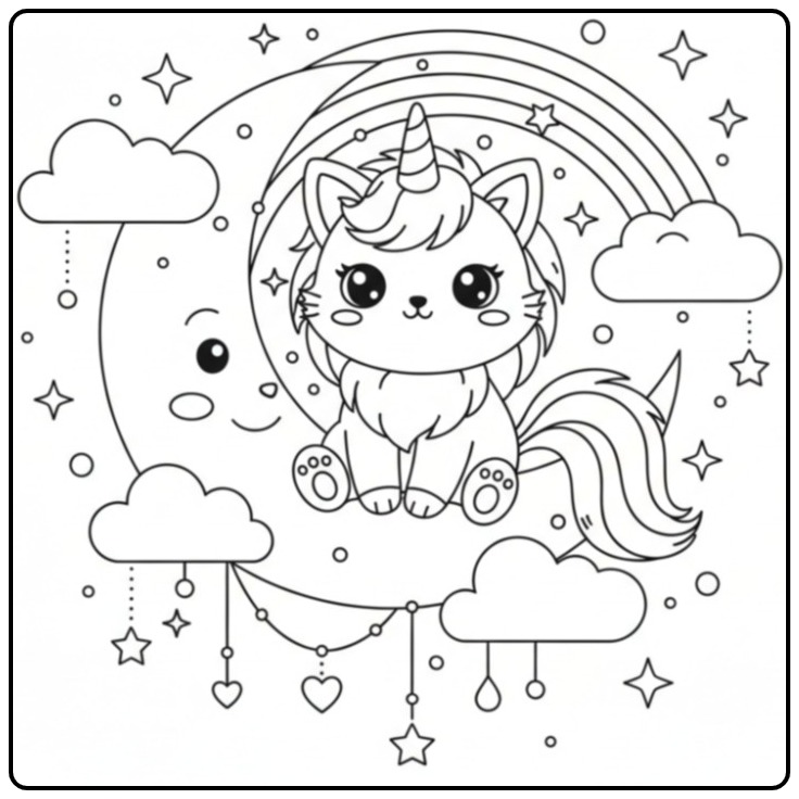 Een schattige Kawaii Eenhoorn kat Kleurplaat op een maan.