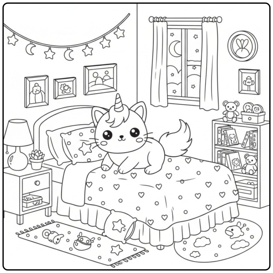 Een schattige Kawaii Eenhoorn kat Kleurplaat in een slaapkamer.