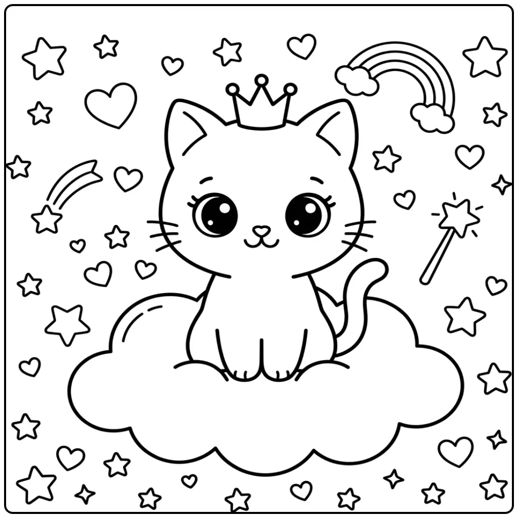 Schattige kawaii kleurplaat kitten met kroon op een wolk.