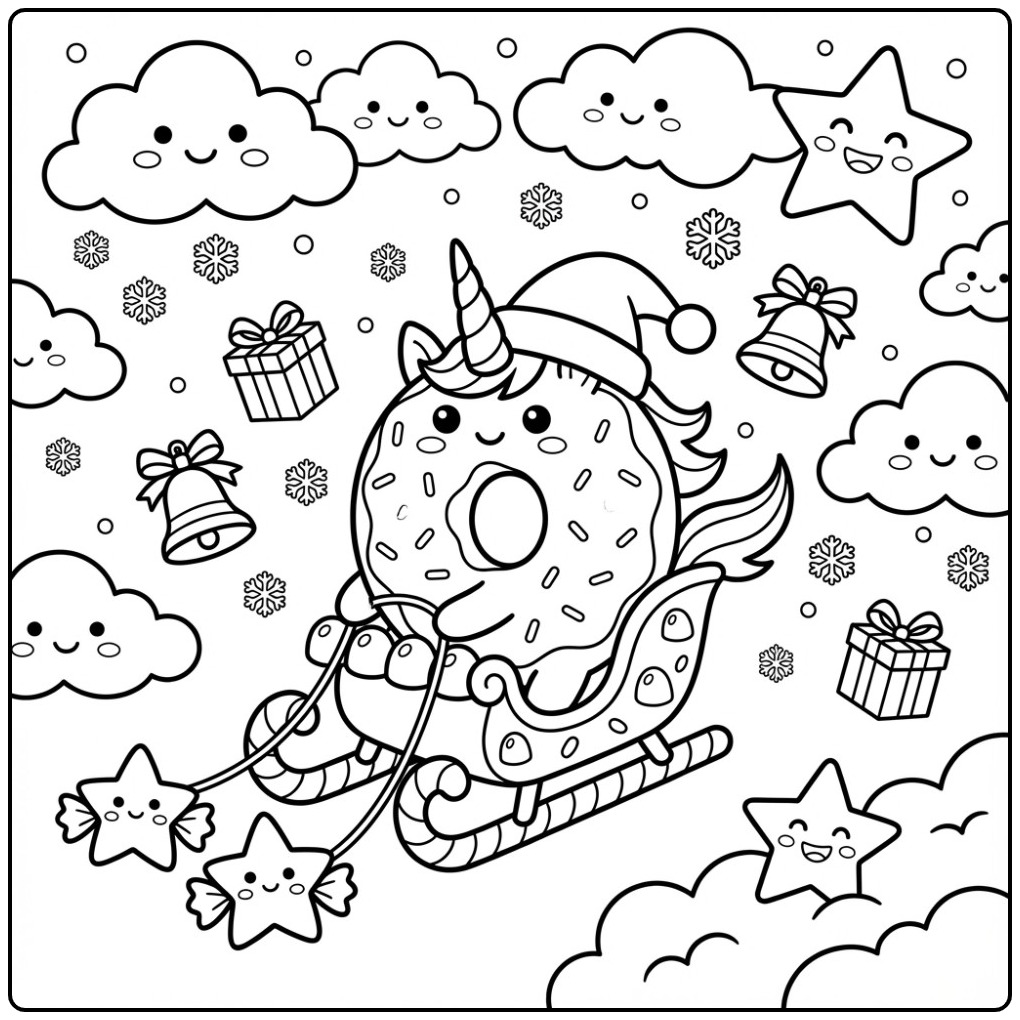 Vrolijke Kerst donut eenhoorn kleurplaat op een arreslee.