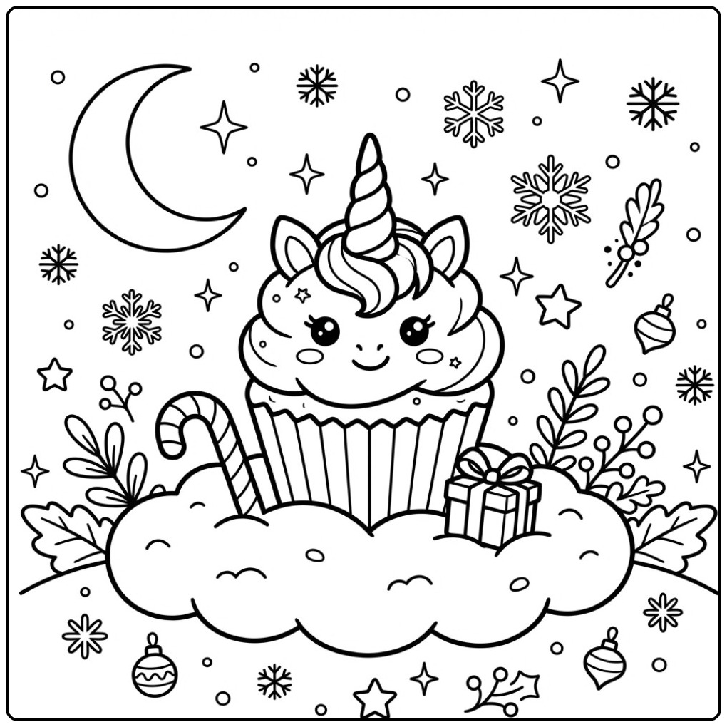 Schattige Kerst eenhoorn cupcake kleurplaat met sneeuwvlokken.