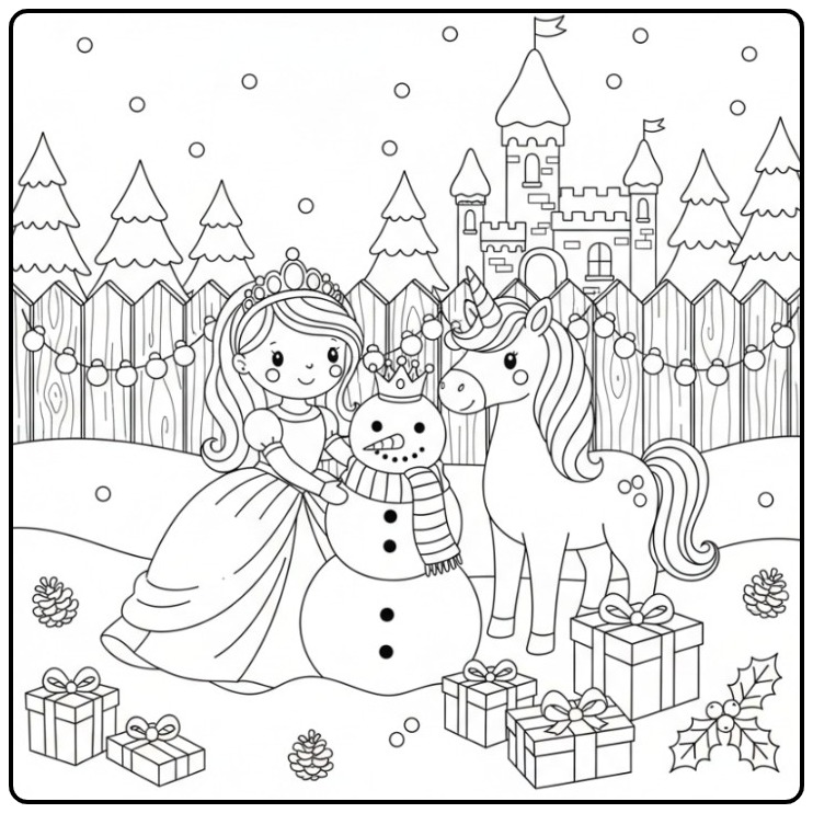 Schattige Kerst prinses eenhoorn kleurplaat met sneeuwpop.