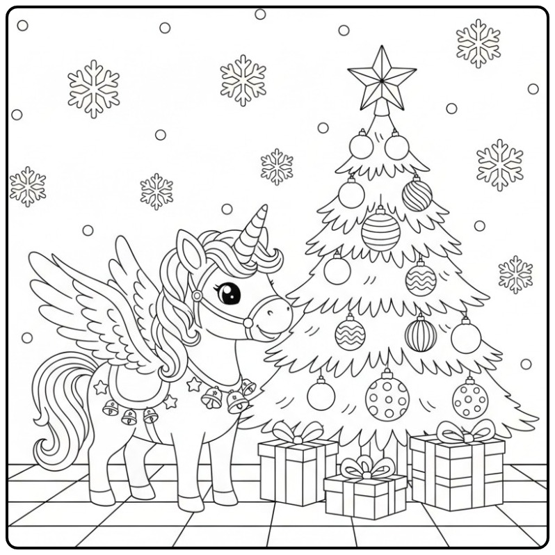 Leuke Kerstkleurplaat eenhoorn met vleugels bij de kerstboom.