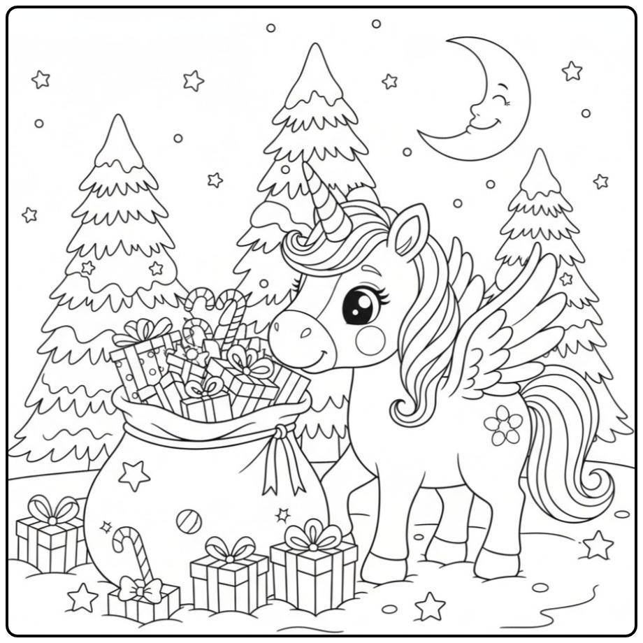 Een schattige Kerstkleurplaat eenhoorn met vleugels en cadeaus.