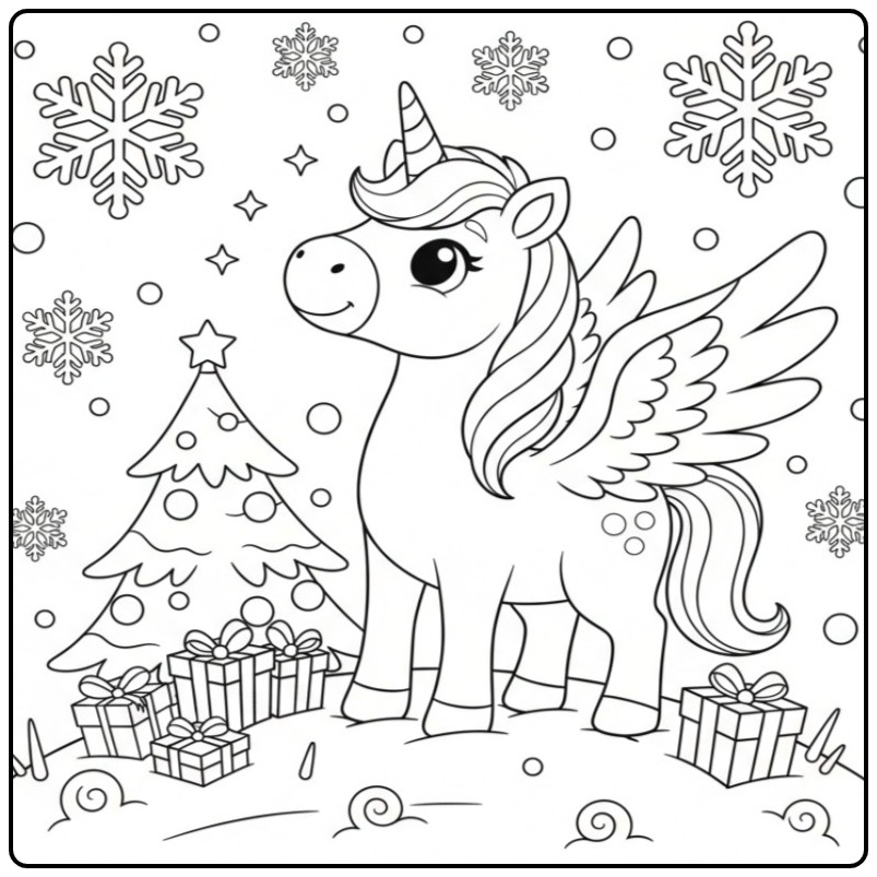Vrolijke Kerstkleurplaat eenhoorn met vleugels en cadeautjes.