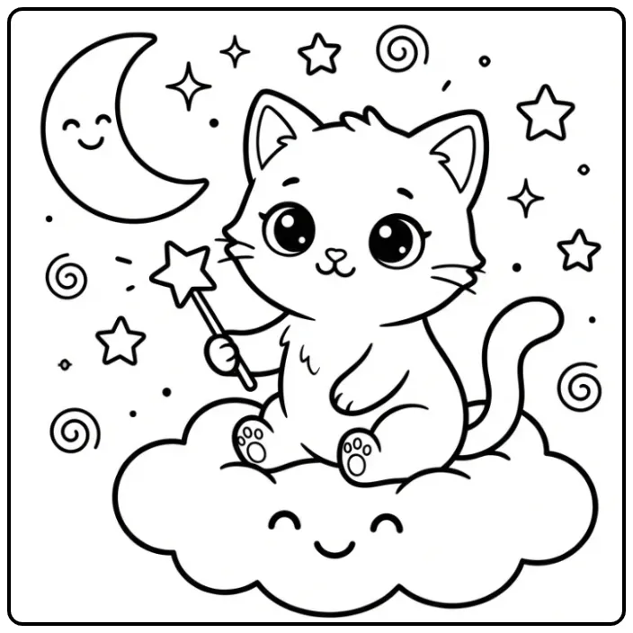 Schattige kitten kleurplaat makkelijk op een wolkje met staf.