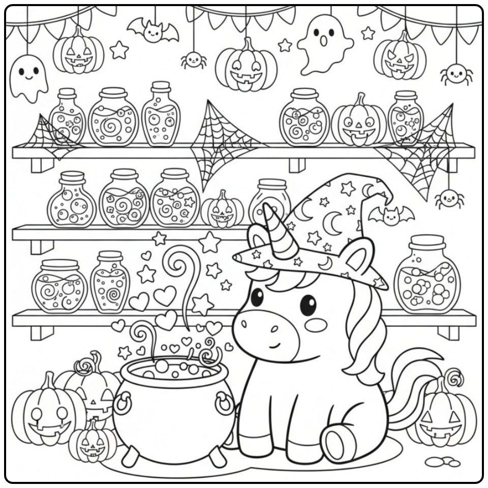 Schattige Kleurplaat baby unicorn Halloween met een toverketel.