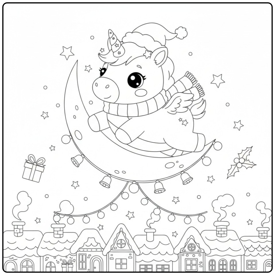 Kleurplaat baby unicorn Kerstmis vliegt over een winters dorp.