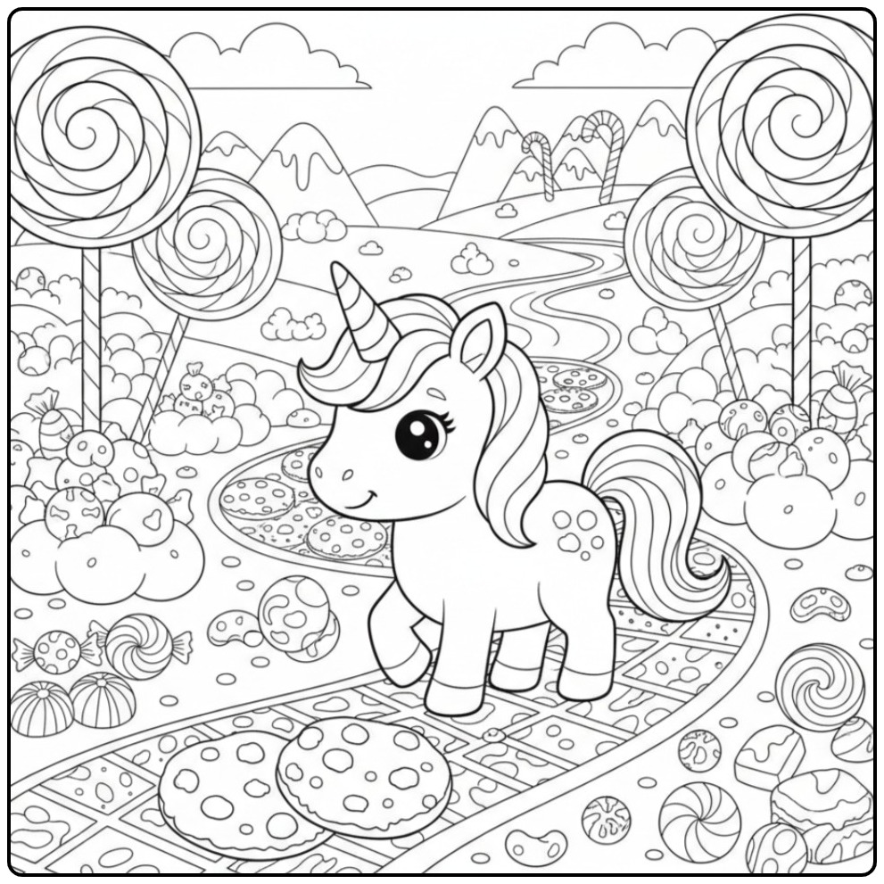 Schattige Kleurplaat baby unicorn met snoepjes in een droomwereld.