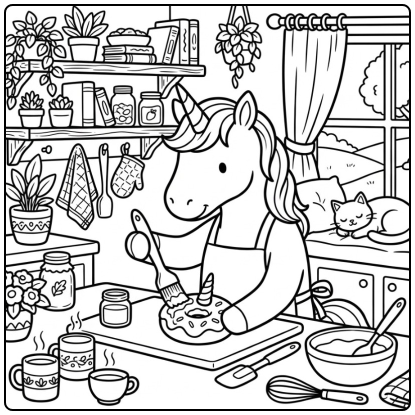 Een schattige kleurplaat donut unicorn in een gezellige keuken.