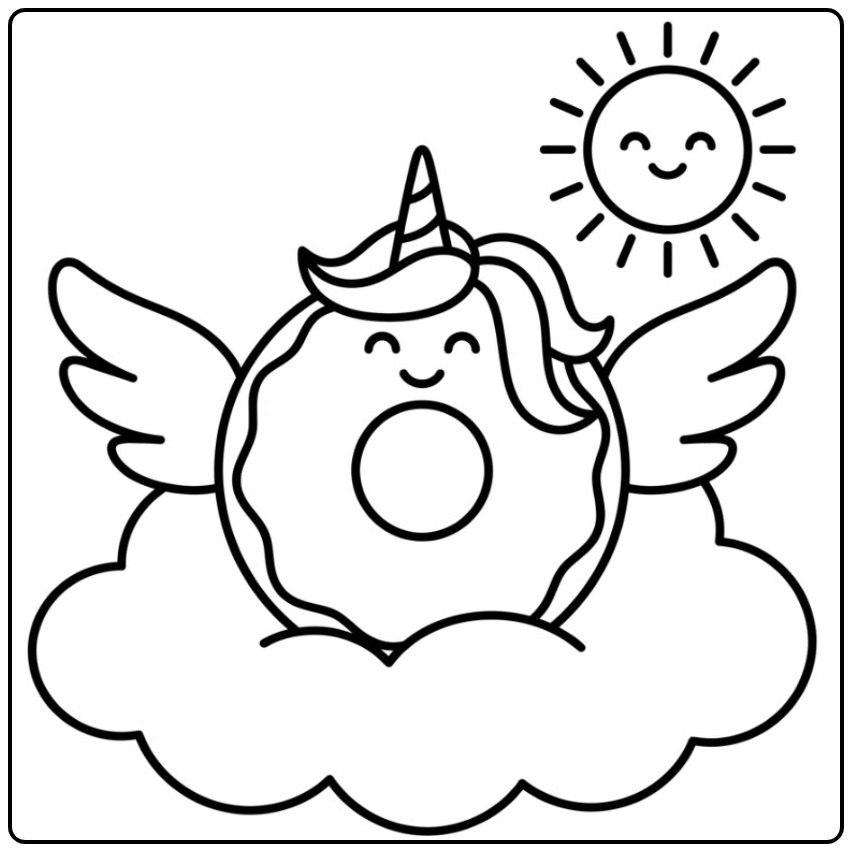 Vrolijke kleurplaat donut unicorn met vleugels op een wolk.