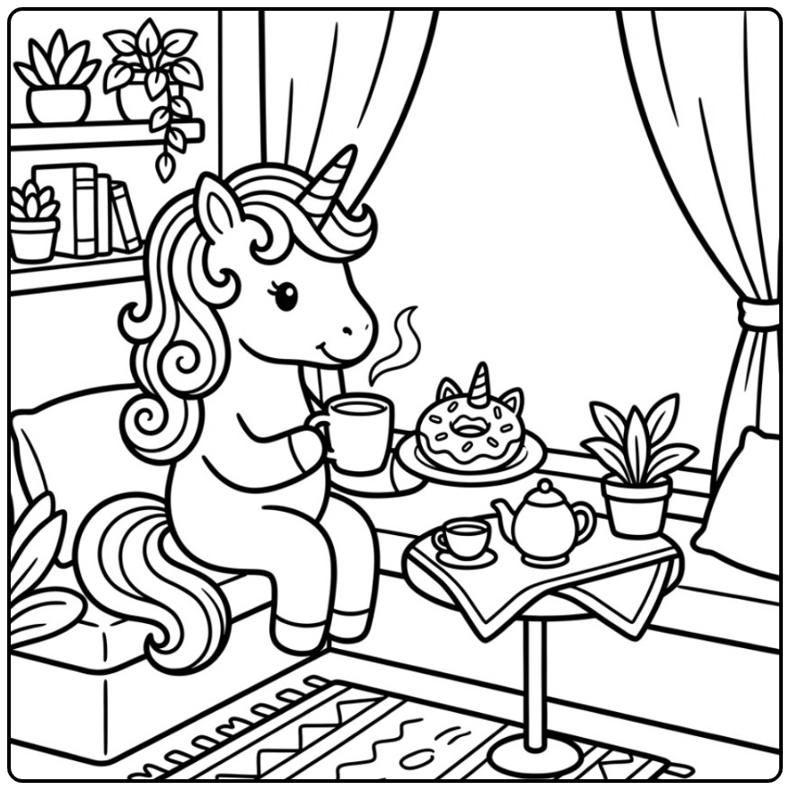 Leuke kleurplaat donut unicorn met een warme drank en lekkers.
