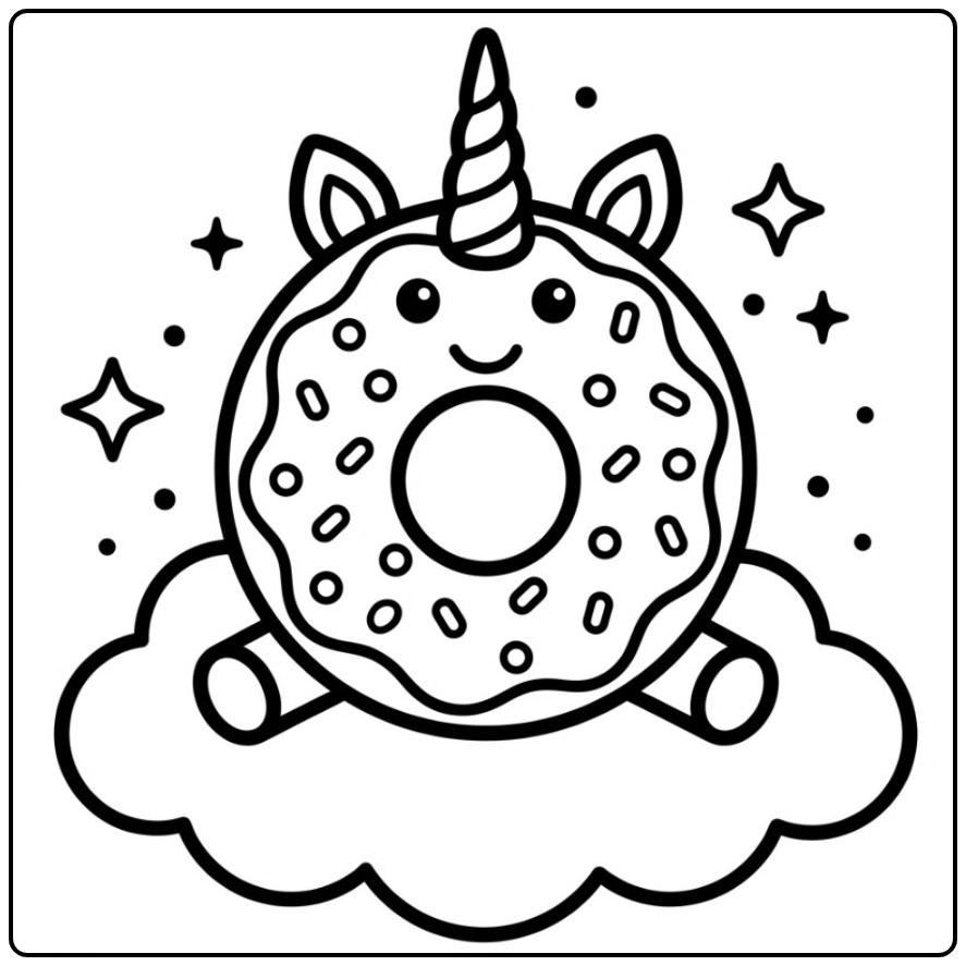 Een schattige kleurplaat donut unicorn zittend op een wolk.