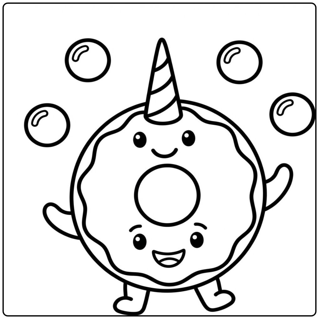 Een vrolijke kleurplaat donut unicorn die met bellen speelt.