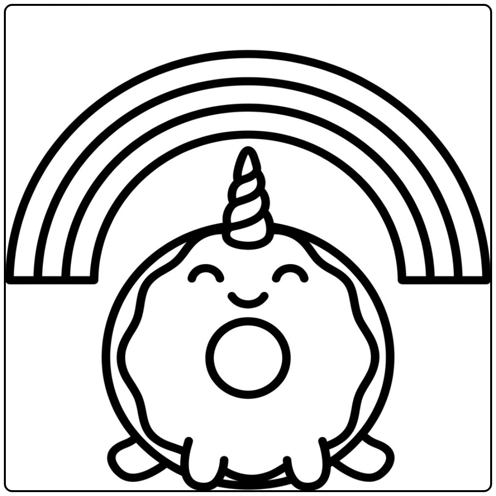 Een schattige kleurplaat donut unicorn met een vrolijke lach.