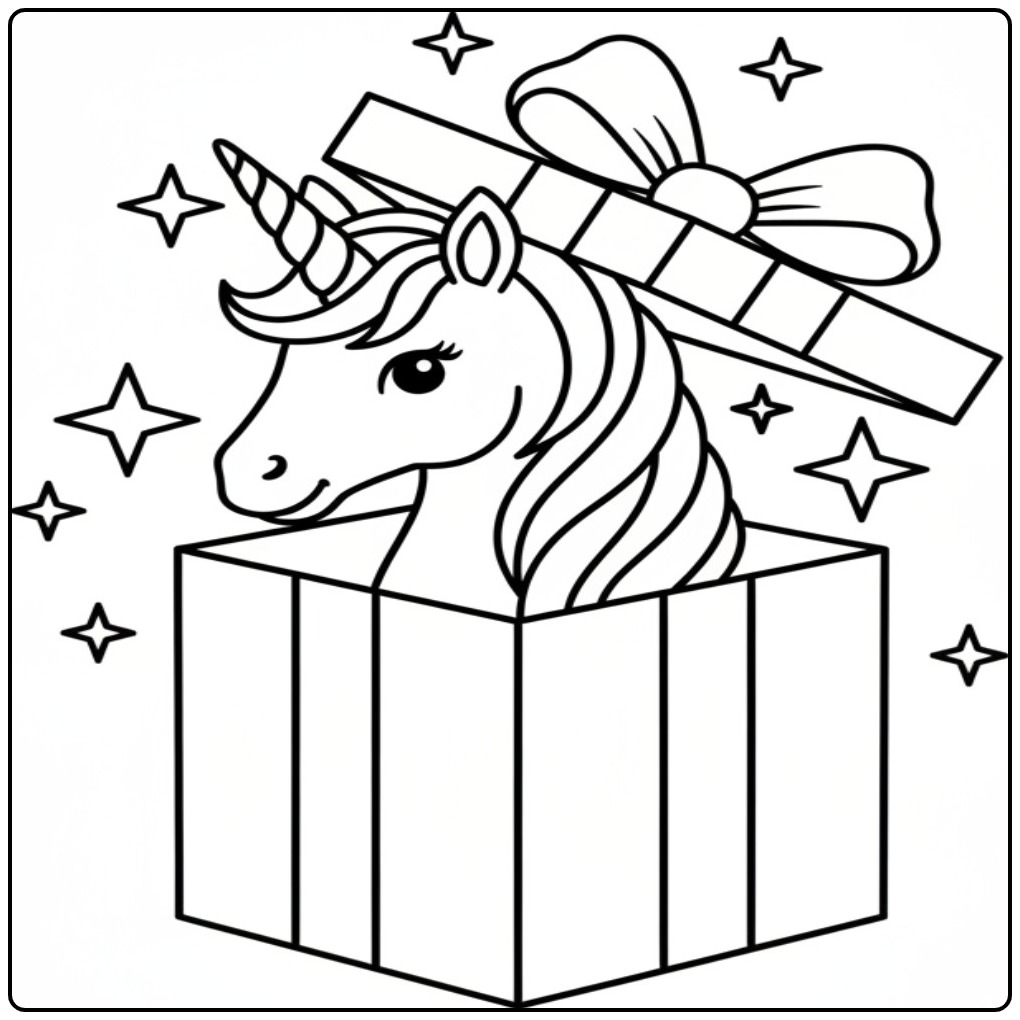Een schattige kleurplaat eenhoorn hoofd in een geschenkdoos.